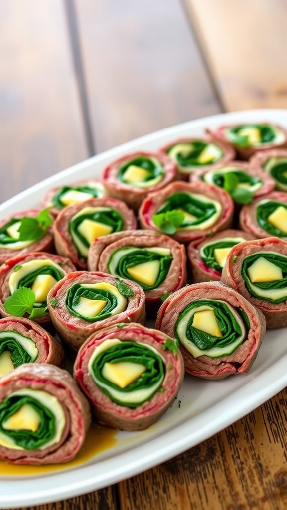 A delicious platter of steak pinwheels filled with spinach and mozzarella cheese, garnished with herbs.